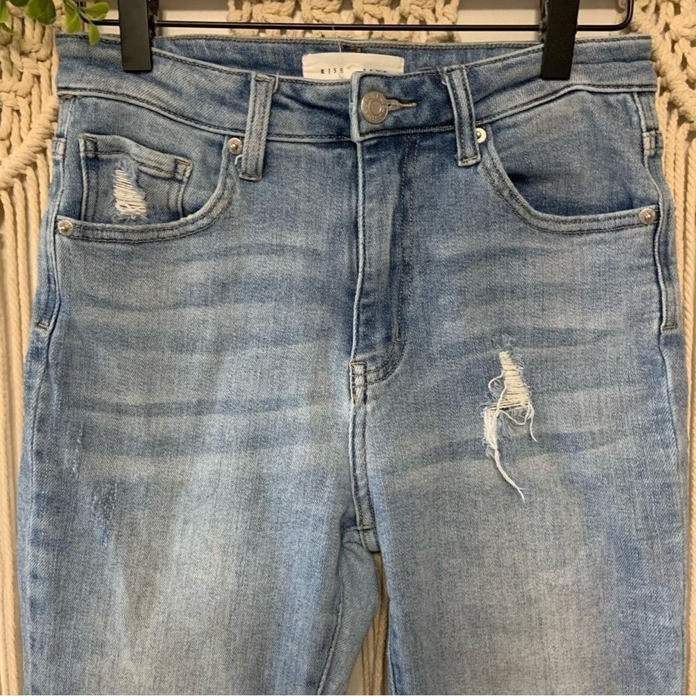 RISEN JEANS High Rise Distressed Raw Hem Straight Leg Jeans Size 5 / 27 - Picture 2 of 16